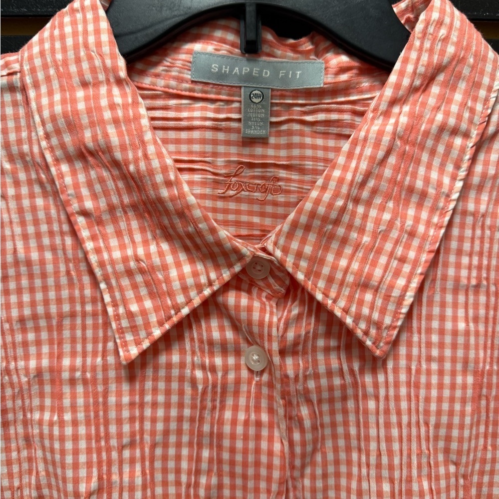Foxcroft 24W Coral White Gingham Crinkle Button-Up Shirt - Picture 2 of 5